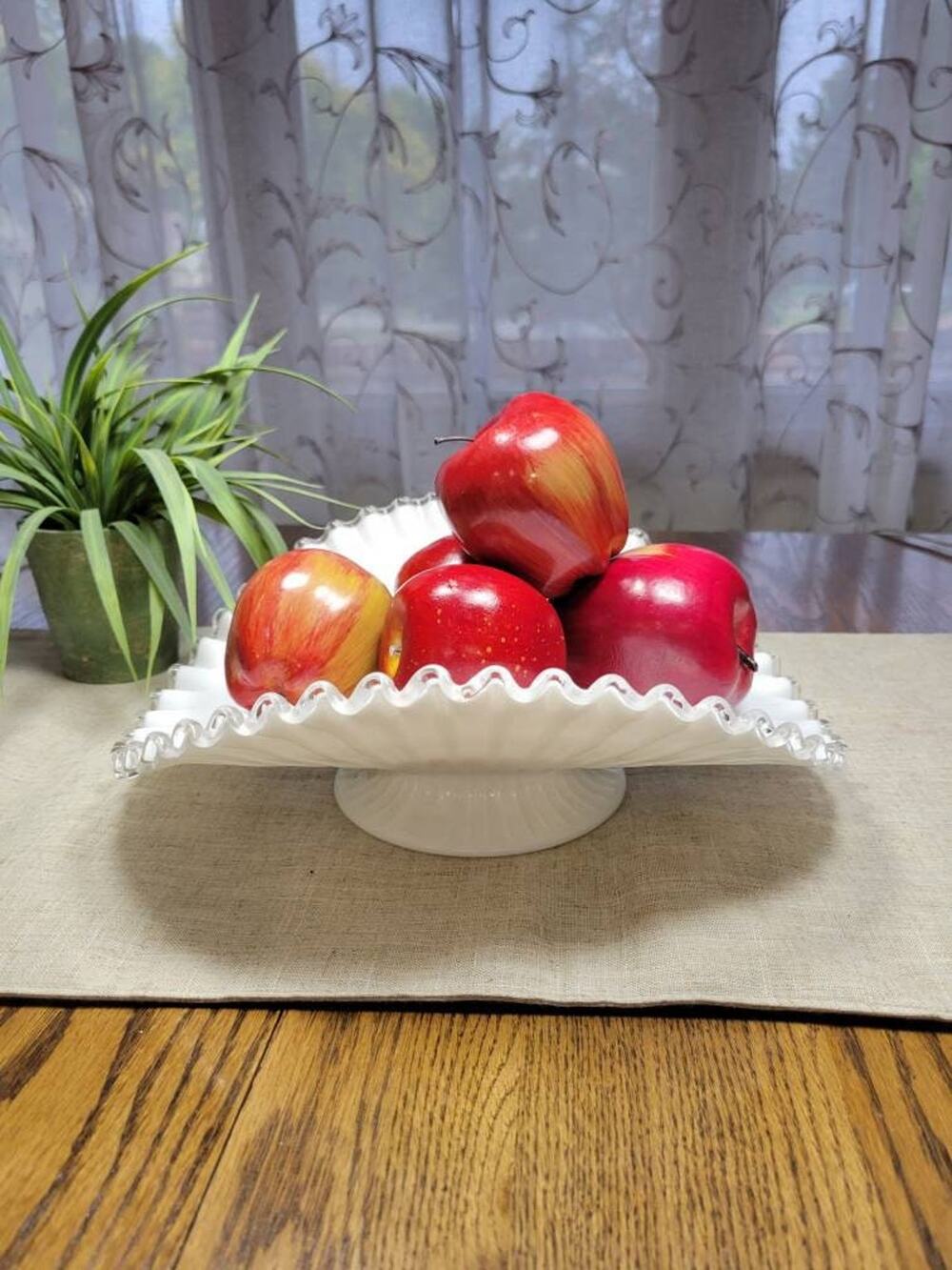Fenton Silver Crest Milk Glass Banana Stand Ruffled Pedestal Fruit Bowl Boat